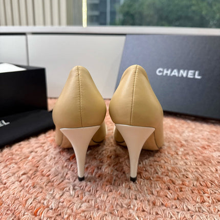 CHANEL 26S SQUARE TOE HIGH HEELS IN BEIGE LAMBSKIN WITH WHITE TOE