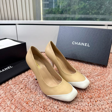 CHANEL 26S SQUARE TOE HIGH HEELS IN BEIGE LAMBSKIN WITH WHITE TOE