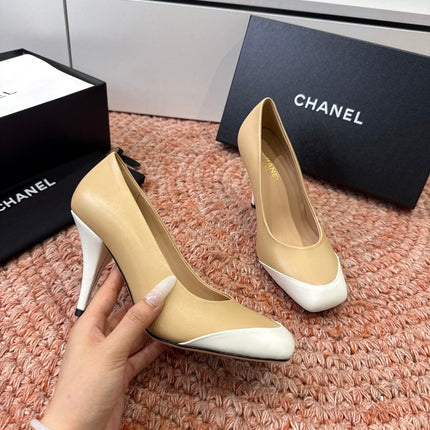 CHANEL 26S SQUARE TOE HIGH HEELS IN BEIGE LAMBSKIN WITH WHITE TOE