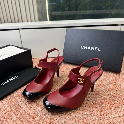 CHANEL 26S SQUARE TOE HIGH HEELS SLINGBACKS IN RED LAMBSKIN WITH BLACK TOE