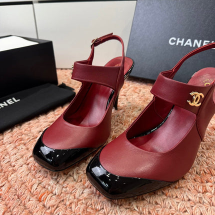 CHANEL 26S SQUARE TOE HIGH HEELS SLINGBACKS IN RED LAMBSKIN WITH BLACK TOE