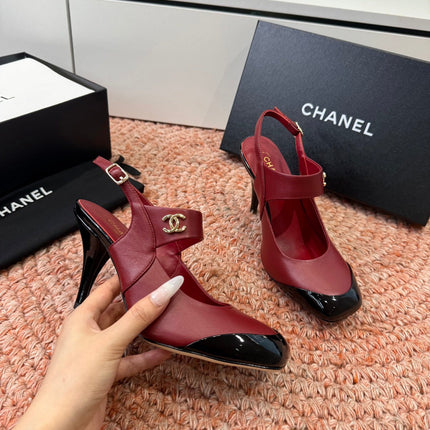 CHANEL 26S SQUARE TOE HIGH HEELS SLINGBACKS IN RED LAMBSKIN WITH BLACK TOE
