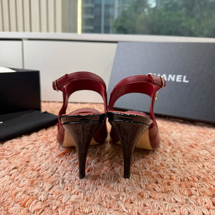 CHANEL 26S SQUARE TOE HIGH HEELS SLINGBACKS IN RED LAMBSKIN WITH BLACK TOE