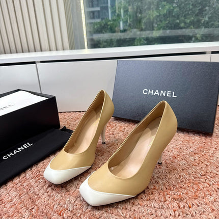 CHANEL 26S SQUARE TOE HIGH HEELS IN BEIGE LAMBSKIN WITH WHITE TOE