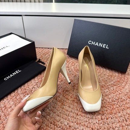 CHANEL 26S SQUARE TOE HIGH HEELS IN BEIGE LAMBSKIN WITH WHITE TOE