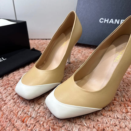 CHANEL 26S SQUARE TOE HIGH HEELS IN BEIGE LAMBSKIN WITH WHITE TOE