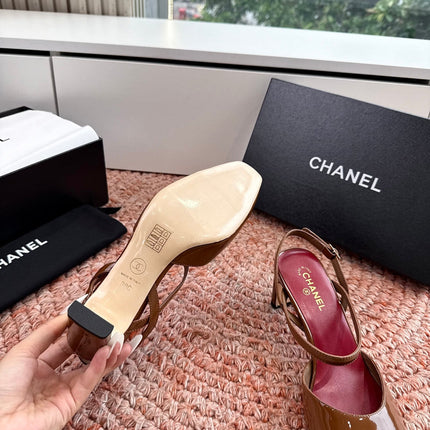 CHANEL 26S SQUARE TOE HIGH HEELS SLINGBACKS IN BROWN CALFSKIN