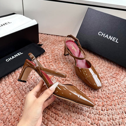 CHANEL 26S SQUARE TOE HIGH HEELS SLINGBACKS IN BROWN CALFSKIN