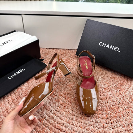 CHANEL 26S SQUARE TOE HIGH HEELS SLINGBACKS IN BROWN CALFSKIN