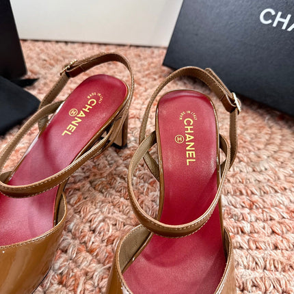 CHANEL 26S SQUARE TOE HIGH HEELS SLINGBACKS IN BROWN CALFSKIN