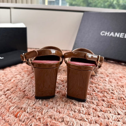 CHANEL 26S SQUARE TOE HIGH HEELS SLINGBACKS IN BROWN CALFSKIN