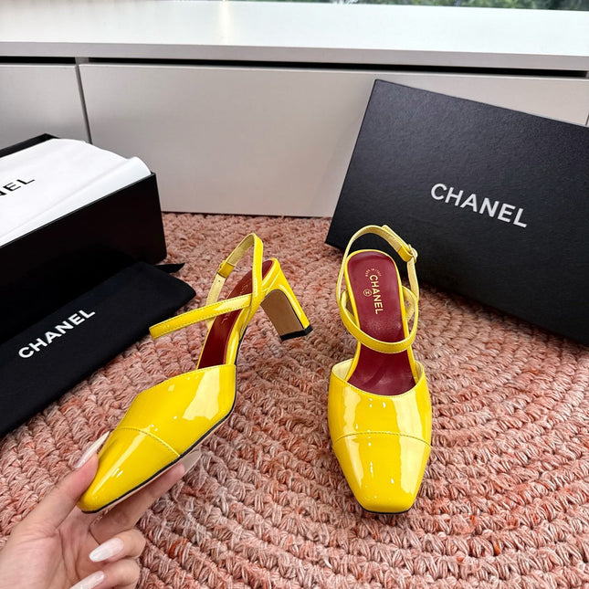 CHANEL 26S SQUARE TOE HIGH HEELS SLINGBACKS IN YELLOW CALFSKIN