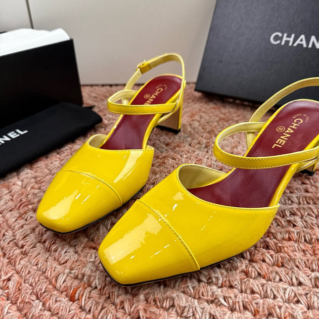 CHANEL 26S SQUARE TOE HIGH HEELS SLINGBACKS IN YELLOW CALFSKIN