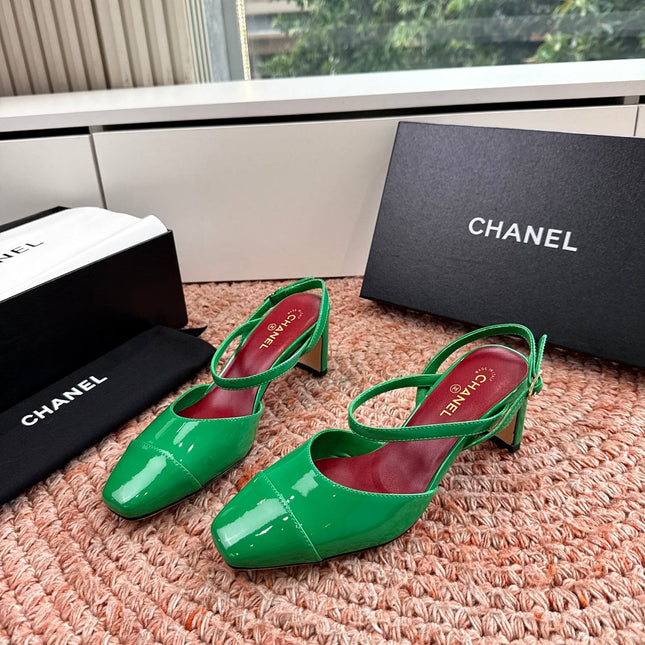CHANEL 26S SQUARE TOE HIGH HEELS SLINGBACKS IN GREEN CALFSKIN
