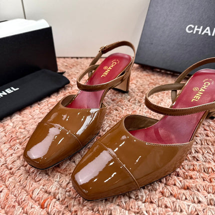 CHANEL 26S SQUARE TOE HIGH HEELS SLINGBACKS IN BROWN CALFSKIN