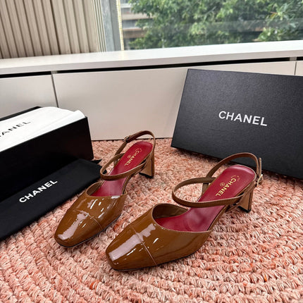 CHANEL 26S SQUARE TOE HIGH HEELS SLINGBACKS IN BROWN CALFSKIN