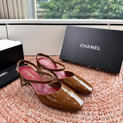 CHANEL 26S SQUARE TOE HIGH HEELS SLINGBACKS IN BROWN CALFSKIN