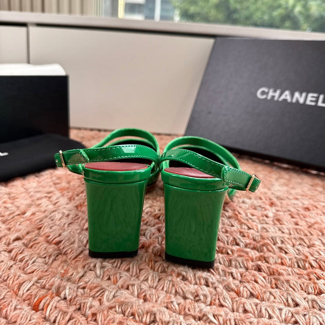 CHANEL 26S SQUARE TOE HIGH HEELS SLINGBACKS IN GREEN CALFSKIN