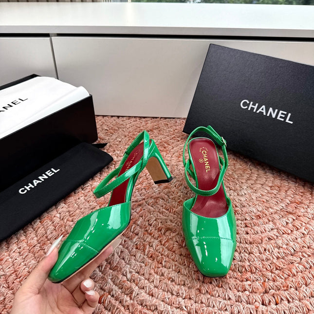 CHANEL 26S SQUARE TOE HIGH HEELS SLINGBACKS IN GREEN CALFSKIN