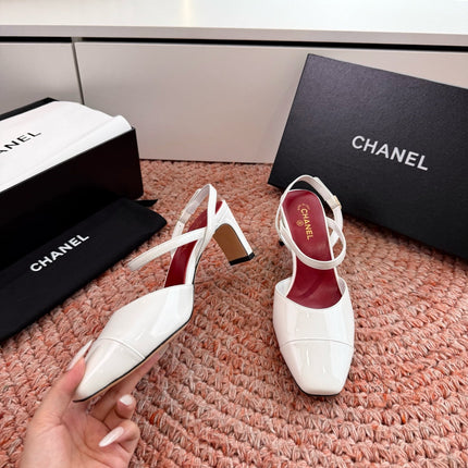 CHANEL 26S SQUARE TOE HIGH HEELS SLINGBACKS IN WHITE CALFSKIN