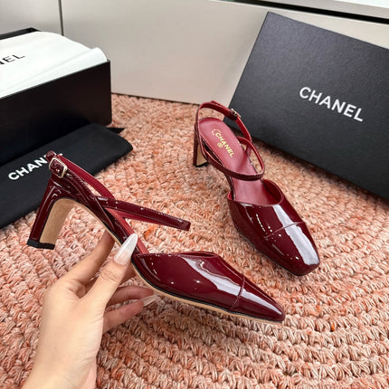 CHANEL 26S SQUARE TOE HIGH HEELS SLINGBACKS IN RED CALFSKIN
