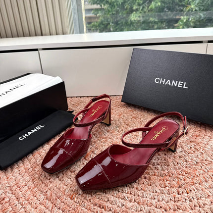 CHANEL 26S SQUARE TOE HIGH HEELS SLINGBACKS IN RED CALFSKIN