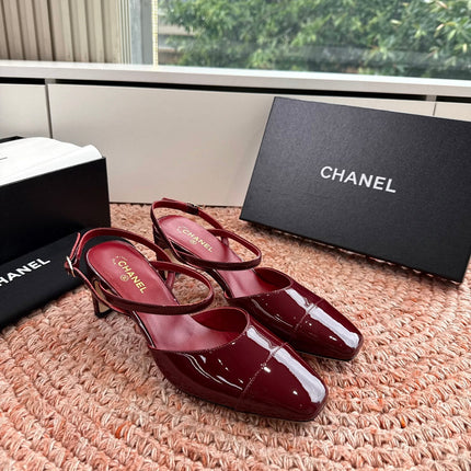CHANEL 26S SQUARE TOE HIGH HEELS SLINGBACKS IN RED CALFSKIN