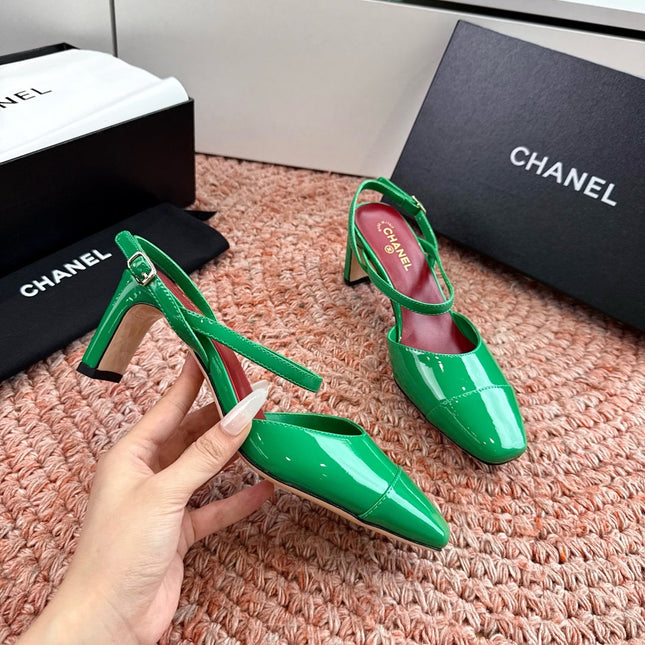 CHANEL 26S SQUARE TOE HIGH HEELS SLINGBACKS IN GREEN CALFSKIN