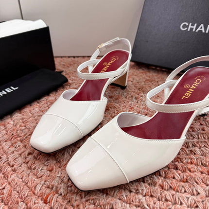 CHANEL 26S SQUARE TOE HIGH HEELS SLINGBACKS IN WHITE CALFSKIN