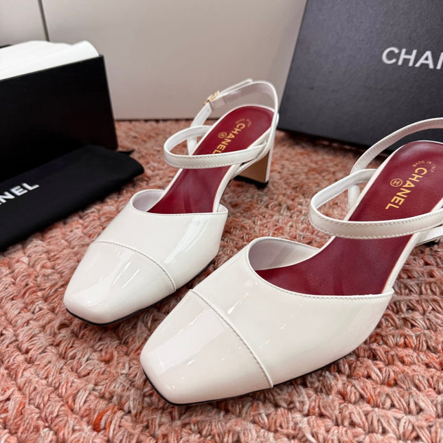 CHANEL 26S SQUARE TOE HIGH HEELS SLINGBACKS IN WHITE CALFSKIN