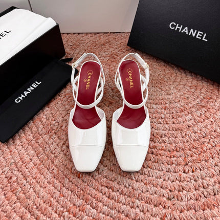 CHANEL 26S SQUARE TOE HIGH HEELS SLINGBACKS IN WHITE CALFSKIN