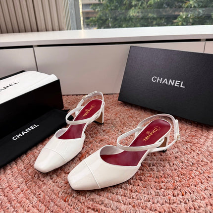 CHANEL 26S SQUARE TOE HIGH HEELS SLINGBACKS IN WHITE CALFSKIN