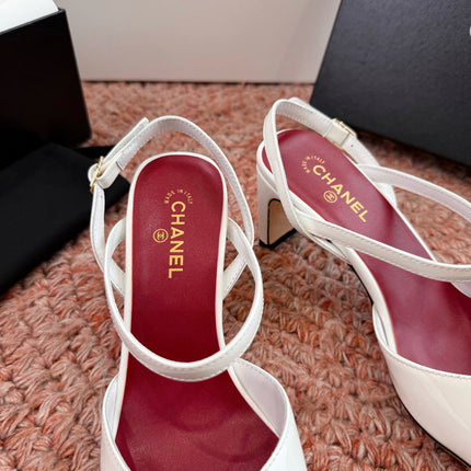 CHANEL 26S SQUARE TOE HIGH HEELS SLINGBACKS IN WHITE CALFSKIN