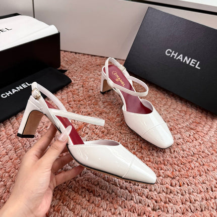 CHANEL 26S SQUARE TOE HIGH HEELS SLINGBACKS IN WHITE CALFSKIN