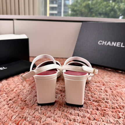 CHANEL 26S SQUARE TOE HIGH HEELS SLINGBACKS IN WHITE CALFSKIN
