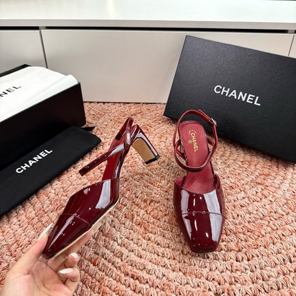 CHANEL 26S SQUARE TOE HIGH HEELS SLINGBACKS IN RED CALFSKIN