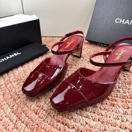 CHANEL 26S SQUARE TOE HIGH HEELS SLINGBACKS IN RED CALFSKIN