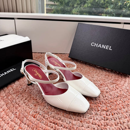 CHANEL 26S SQUARE TOE HIGH HEELS SLINGBACKS IN WHITE CALFSKIN