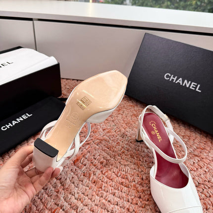 CHANEL 26S SQUARE TOE HIGH HEELS SLINGBACKS IN WHITE CALFSKIN