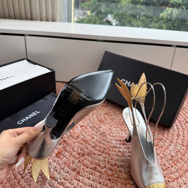 CHANEL 26S POINTED TOE HIGH HEEL SLINGBACKS IN GOLD AND SILVER LAMBSKIN WITH FLORAL APPLIQUE