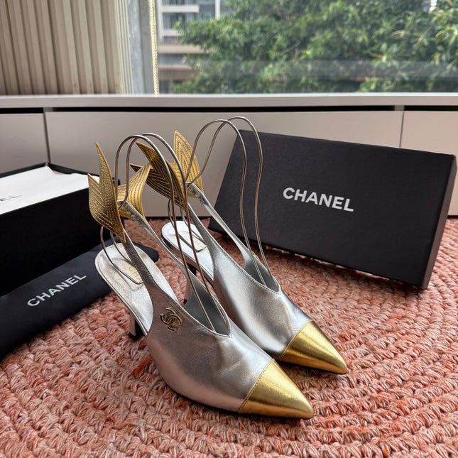 CHANEL 26S POINTED TOE HIGH HEEL SLINGBACKS IN GOLD AND SILVER LAMBSKIN WITH FLORAL APPLIQUE