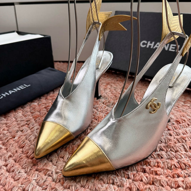 CHANEL 26S POINTED TOE HIGH HEEL SLINGBACKS IN GOLD AND SILVER LAMBSKIN WITH FLORAL APPLIQUE