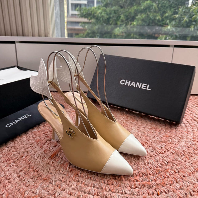 CHANEL 26S POINTED TOE HIGH HEEL SLINGBACKS IN BEIGE AND WHITE LAMBSKIN WITH FLORAL APPLIQUE