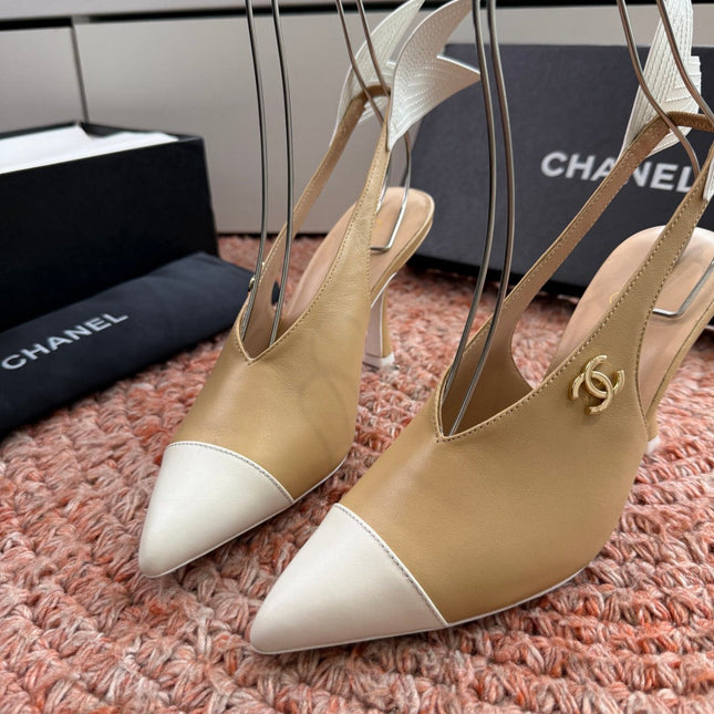CHANEL 26S POINTED TOE HIGH HEEL SLINGBACKS IN BEIGE AND WHITE LAMBSKIN WITH FLORAL APPLIQUE