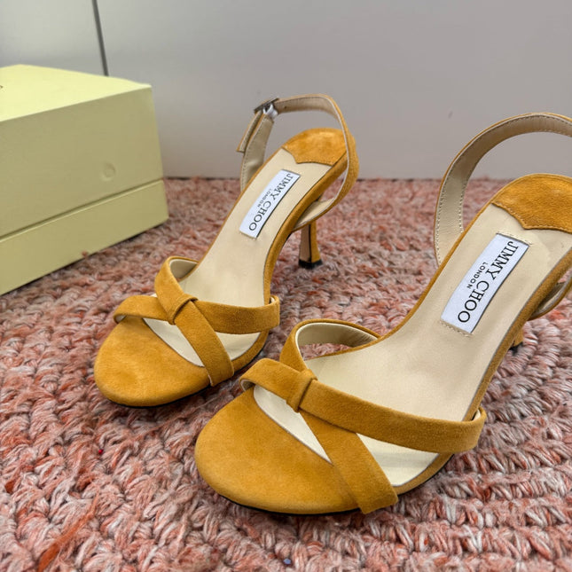 JIMMY CHOO 26S CROSS-STRAP HIGH-HEEL SANDALS IN MUSTARD YELLOW SUEDE