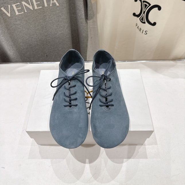 THE ROW 26S MINIMAL LACE-UP SHOES IN SLATE BLUE SUEDE