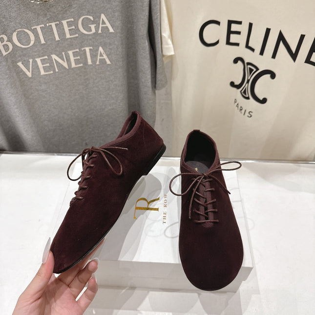 THE ROW 26S MINIMAL LACE-UP SHOES IN DARK BROWN SUEDE