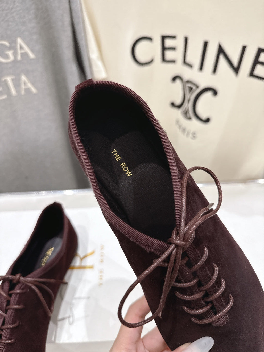 THE ROW 26S MINIMAL LACE-UP SHOES IN DARK BROWN SUEDE