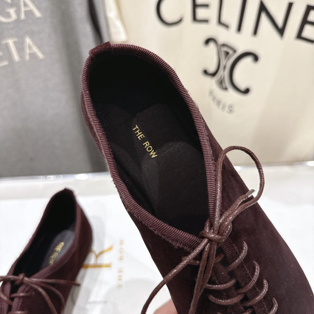 THE ROW 26S MINIMAL LACE-UP SHOES IN DARK BROWN SUEDE