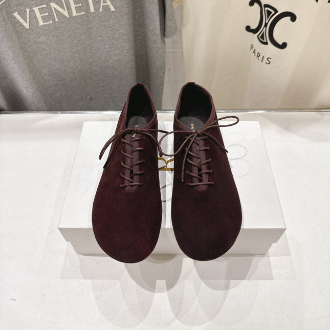 THE ROW 26S MINIMAL LACE-UP SHOES IN DARK BROWN SUEDE